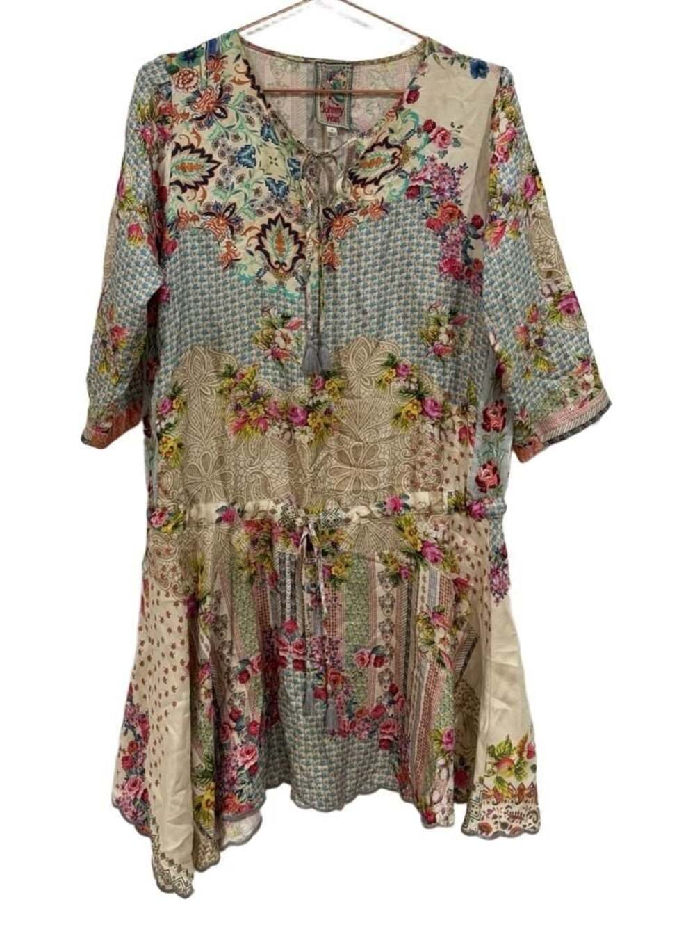 Johnny Was Women's Floral Patchwork Mini Dress with Scalloped Hem